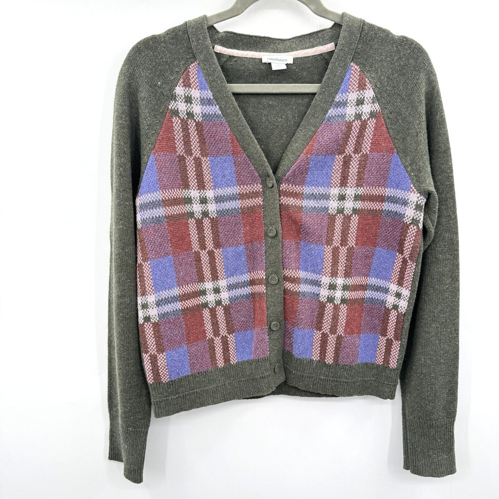 Sundance Clare Plaid Cardigan Sz S Green Cotton V-Neck Boho Academia Preppy